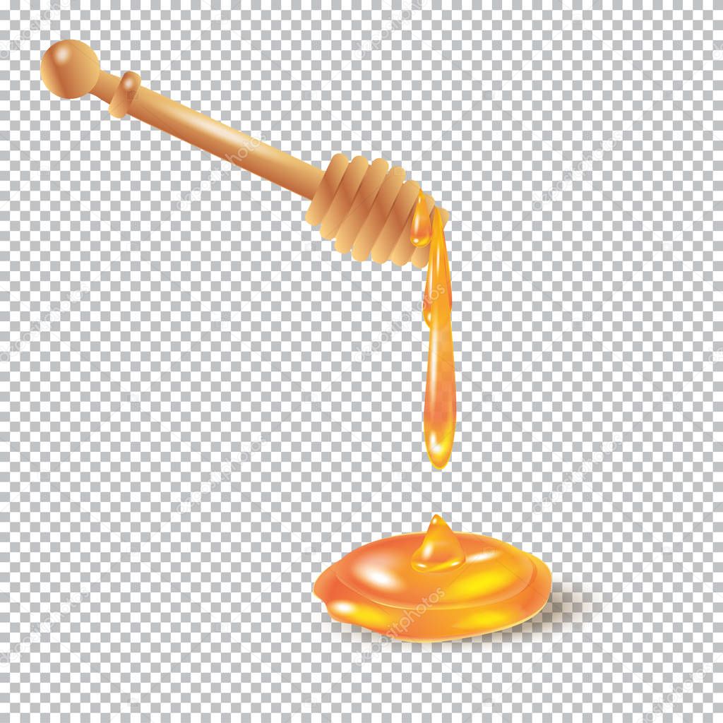 Honey, Bee Honey dripping from wooden honey dipper on transparent background. Vector illustration for advertising beekeeping honey shop or bakery. Honey natural product. Healthy food, sweet dessert, cosmetic, beauty