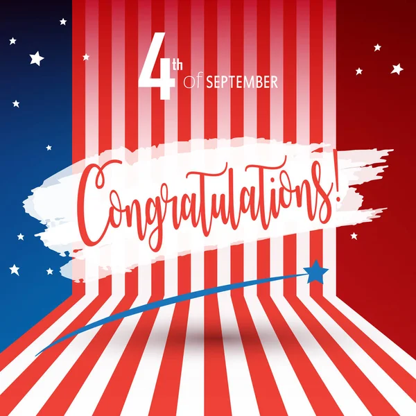 Congratulations! calligraphy text. Happy Labor Day holiday banner with American national flag red, blue, white colors, fireworks, stars, hand lettering text design. Congratulations! Patriotic poster background. Festive Vector illustration.
