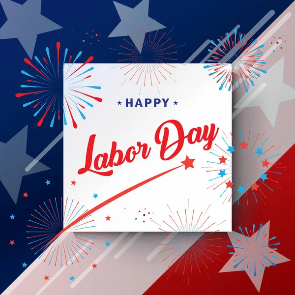 Happy Labor Day holiday banner with American national flag red, blue, white colors, fireworks, stars, hand lettering text design. Patriotic poster background. Festive Vector illustration.