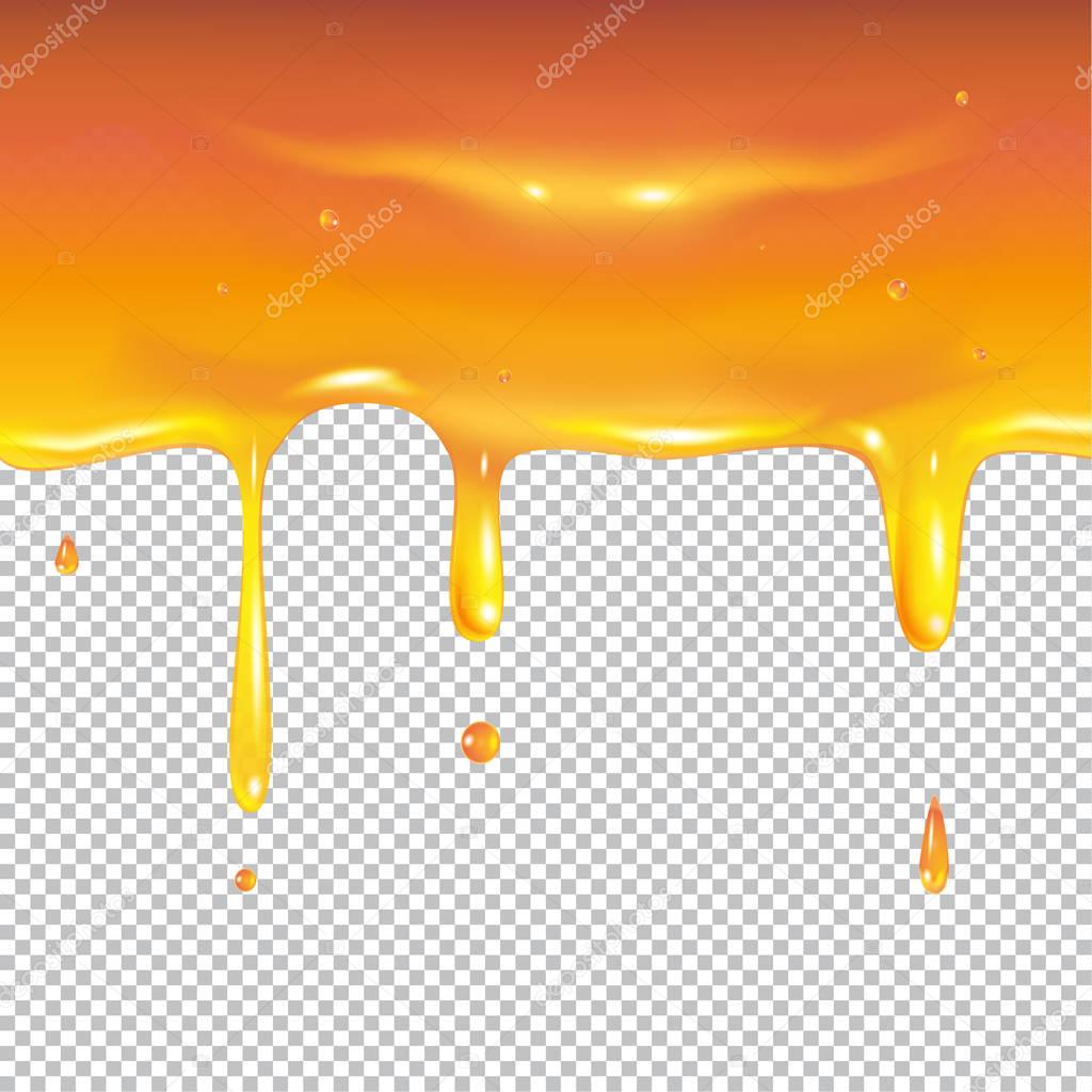 Honey 3D background. Honey dripping isolated on white background. Honey dripped pattern, honey border, splash drops, fresh healthy food sweet dessert banner backdrop template. Realistic Vector illustration