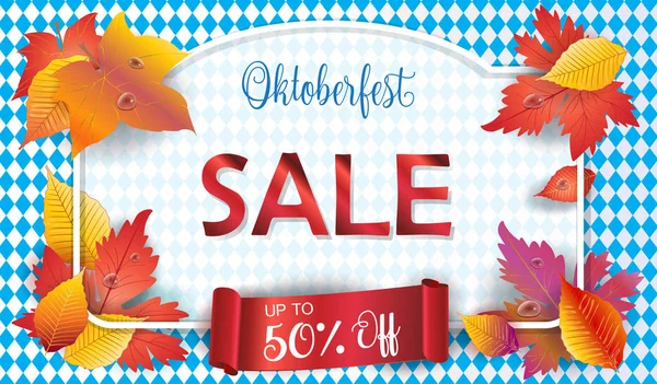 Oktoberfest Sale - vakantie poster met herfst bladeren op Beierse vlag blauwe patroon. Vector Geschenkenkaart. Duitsland's Oktoberfest werelds grootste wijn, bier festival verkoop banner. — Stockvector