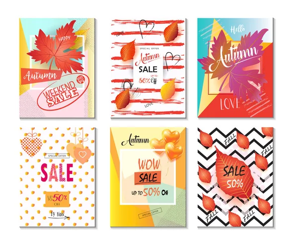 Orta sezon satış afiş kümesi. Sonbahar satış indirim hediye kartı. Sonbaharda akçaağaç arka plan yapraklar. Yarı fiyat kaydedin. Tüm Satılık kupon alışveriş ve ilâ %50 off metin web vektör işareti afiş keşfedin. Sonbahar satış reklam Şükran günü Cadılar Bayramı promo