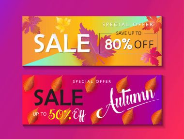 Orta Sezon Satılık web afiş kümesi. Sonbahar satış indirim hediye kartı. Sonbaharda akçaağaç arka plan yapraklar. Yarı fiyat kaydedin. Tüm Satılık kupon alışveriş ve %50 off kadar metni web afiş vektör kartı keşfedin. Sonbahar satış reklam, Şükran günü, Cadılar Bayramı