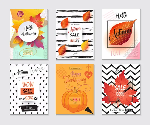 Şükran günü satış afiş ve posterler küme. Sonbahar satış indirim hediye kartları. Sonbaharda akçaağaç yaprakları, yeşillik, kabak arka plan. Yarı fiyat el ilanları kaydedin. Dükkanı tüm satış kupon keşfetmek ilâ %50 off - metin, broşür vektör.