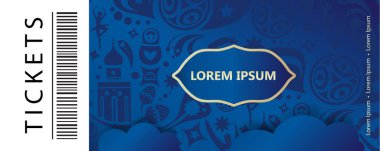 Futbol. 2018 Rusya Dünya Kupası Futbol Turnuvası bilet şablon mavi arka plan, dinamik doku modern kavram afiş vektör Dünya Kupası yarışması. Şampiyonluk futbol duvar kağıdı, hediye kartı fişi kupon Rus Halk sanat unsurları desen