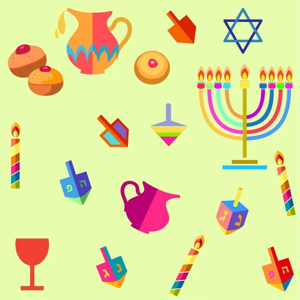 Padrão sem costura Hanukkah. Feriado judaico festivo Hanukkah cartão de fundo com símbolos tradicionais Chanukah - dreidels de madeira (spinning top), rosquinhas, menorah, frasco de óleo, velas, estrela de David e luzes brilhantes doodle padrão. Anúncio vetorial —  Vetores de Stock