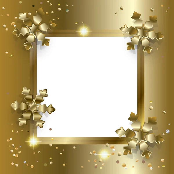 Tarjeta de felicitación Vector Feliz Año Nuevo y Feliz Navidad decorada con copos de nieve brillantes de oro, bolas de Navidad, destellos y confeti brillo, marco de lujo. Decoración festiva de invierno. Marco de copos de nieve realista 3D. Instagrama de efecto de luz transparente — Vector de stock