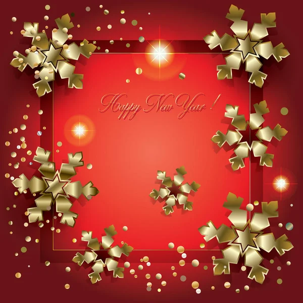 Vector Bonne année et joyeux Noël carte de souhaits décorée de flocons de neige brillants or, boules de Noël, scintillements et confettis paillettes, cadre de luxe. Décoration d'hiver festive. Cadre 3D réaliste en flocons de neige. Instagramme d'effet de lumière transparent — Image vectorielle