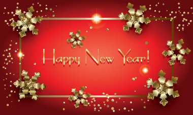 Vektör Happy New Year ve neşeli Noel tebrik kartı altın parlak kar taneleri, Noel topları, sparkles ve glitter konfeti, lüks çerçeve ile dekore edilmiştir. Festival kış dekorasyonu. 3D gerçekçi kar taneleri çerçeve. Şeffaf ışık efekti instagram