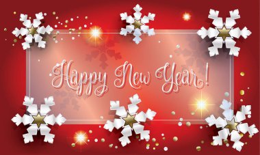 Vektör Happy New Year ve neşeli Noel tebrik kartı altın parlak kar taneleri, Noel topları, sparkles ve glitter konfeti, lüks çerçeve ile dekore edilmiştir. Festival kış dekorasyonu. 3D gerçekçi kar taneleri çerçeve. Şeffaf ışık efekti instagram