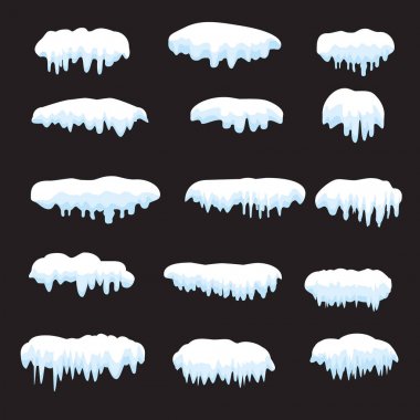 Kar kapaklar, kartopu, snowdrifts, buz gibi buz sarkıtları küme. Kar cap vektör toplama. Kış Snowy öğeleri siyah arka plan, Saydamlık efektini. Çizgi film şablonu. Kar yağışı ve hareket vektör kar taneleri