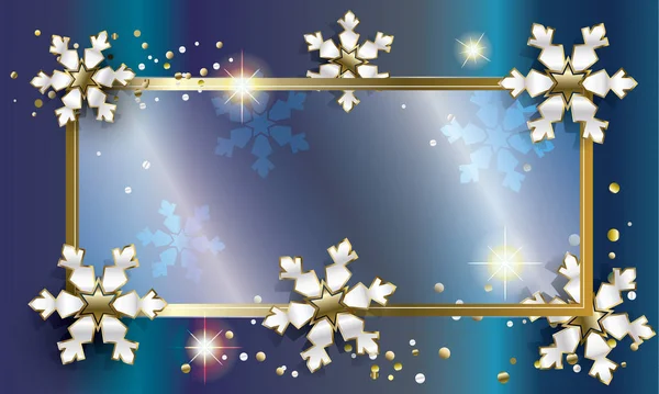 Vector Feliz Ano Novo e Feliz Natal cartão decorado com flocos de neve brilhantes dourados, bolas de Natal, brilhos e confetes glitter, quadro de luxo. Decoração festiva de Inverno. 3D quadro flocos de neve realista. Instagrama de efeito de luz transparente — Vetor de Stock