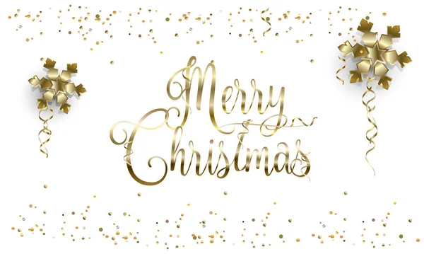 Vector Happy New Year en Merry Christmas wenskaart versierd met gouden glimmende sneeuwvlokken, kerstballen, sparkles en glitter confetti, luxe frame. Feestelijke decoratie van de Winter. 3D-realistische sneeuwvlokken frame. Transparante lichteffect instagram — Stockvector