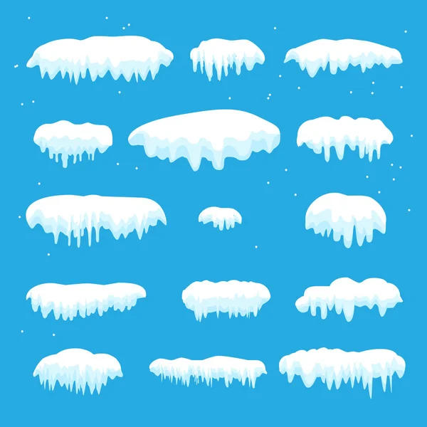 Snow caps, snowballs, snowdrifts, icy icicles set. Snow cap vector collection. Winter Snowy elements blue background, transparent effect. Cartoon template. Snowfall and snowflakes in motion Vector — Stock Vector