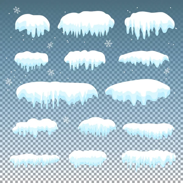 Kar kapaklar, kartopu, snowdrifts, buz gibi buz sarkıtları küme. Kar cap vektör toplama. Kış Snowy öğeleri mavi arka plan, Saydamlık efektini. Çizgi film şablonu. Kar yağışı ve hareket vektör kar taneleri — Stok Vektör
