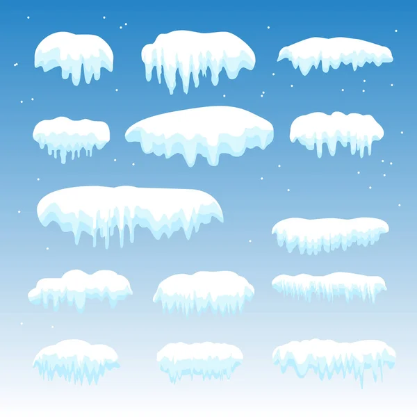 Sneeuw caps, sneeuwballen, sneeuwlaag, ijzige ijspegels set. Sneeuw GLB vector collectie. Winter Snowy elementen blauwe achtergrond, transparant effect. Cartoon sjabloon. Sneeuwval en sneeuw in beweging Vector — Stockvector