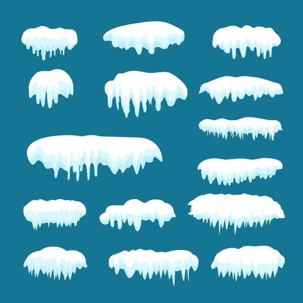 Snow caps, snowballs, snowdrifts, icy icicles set. Snow cap vector collection. Winter Snowy elements blue background, transparent effect. Cartoon template. Snowfall and snowflakes in motion Vector — Stock Vector