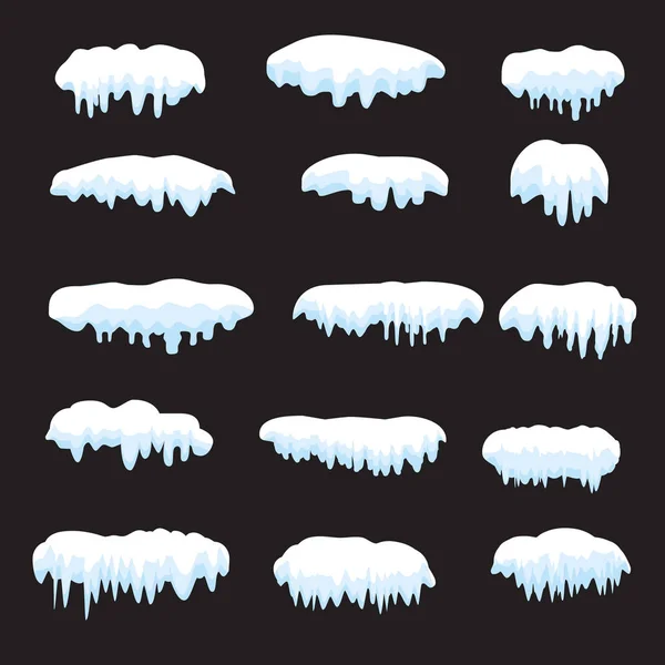 Snow caps, snowballs, snowdrifts, icy icicles set. Snow cap vector collection. Winter Snowy elements black background, transparent effect. Cartoon template. Snowfall and snowflakes in motion Vector — Stock Vector