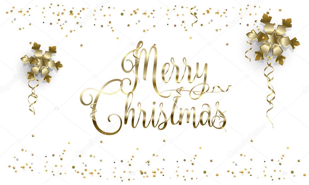 Vector Happy New Year and Merry Christmas greeting card decorated with gold shiny snowflakes, Christmas balls, sparkles and glitter confetti, luxury frame. Festive Winter decoration. 3D realistic snowflakes frame. Transparent light effect instagram