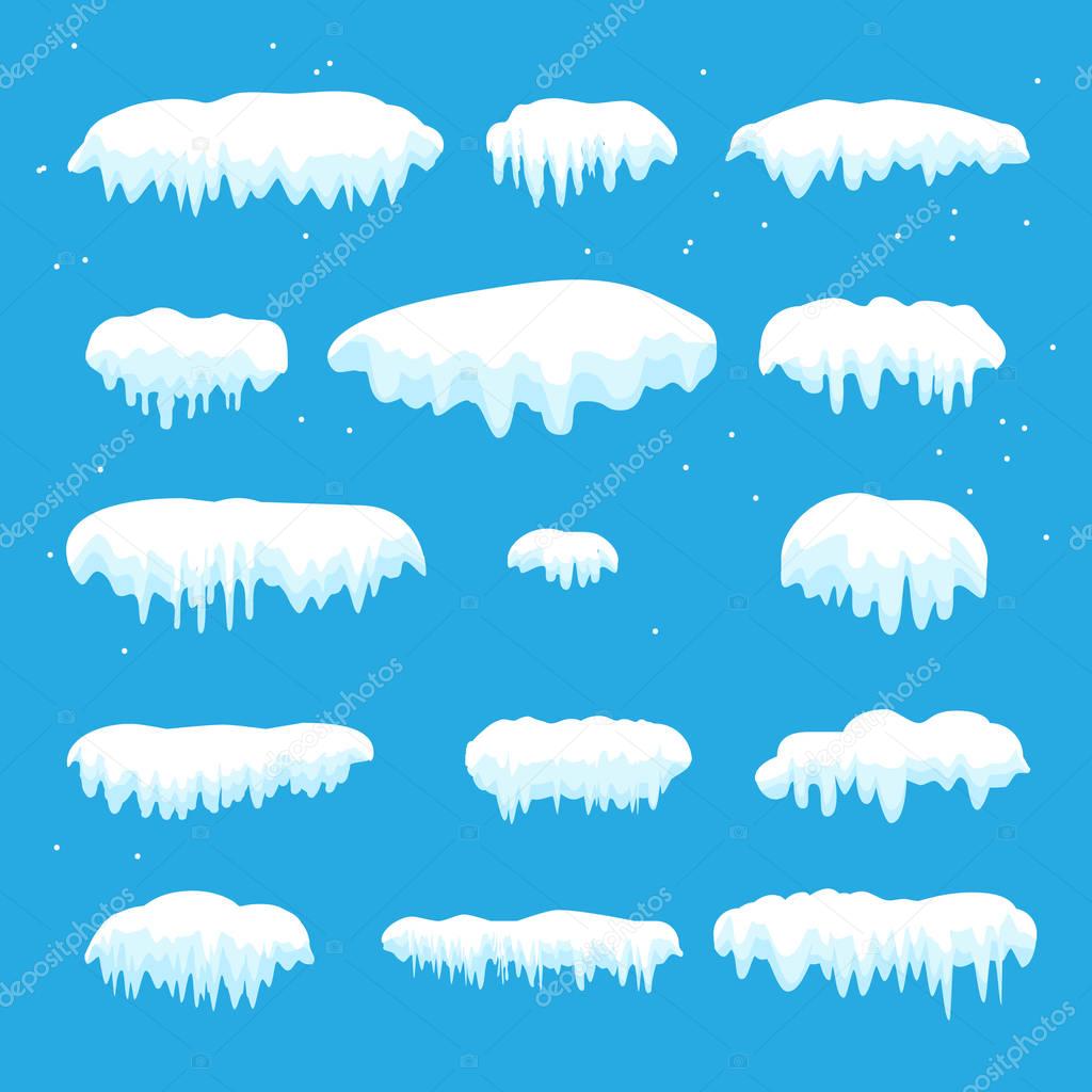 Snow caps, snowballs, snowdrifts, icy icicles set. Snow cap vector collection. Winter Snowy elements blue background, transparent effect. Cartoon template. Snowfall and snowflakes in motion Vector