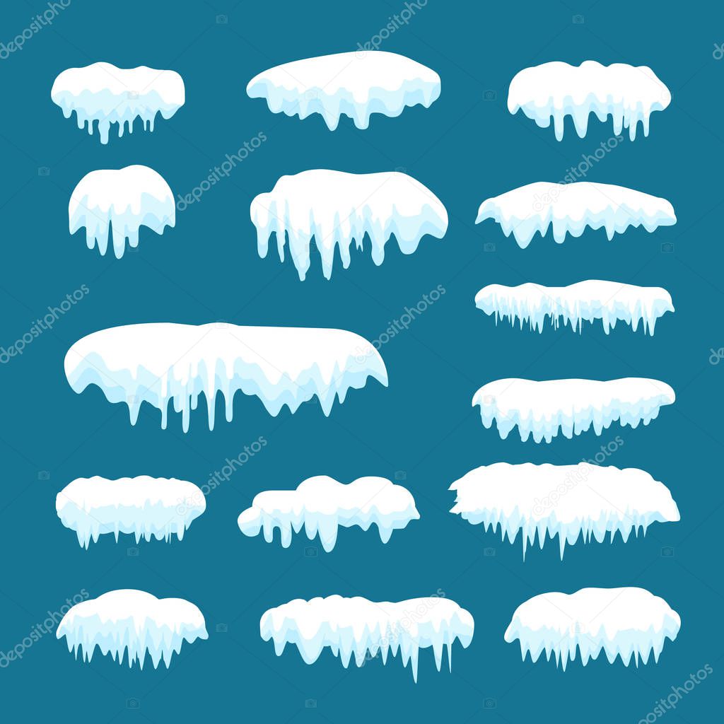 Snow caps, snowballs, snowdrifts, icy icicles set. Snow cap vector collection. Winter Snowy elements blue background, transparent effect. Cartoon template. Snowfall and snowflakes in motion Vector