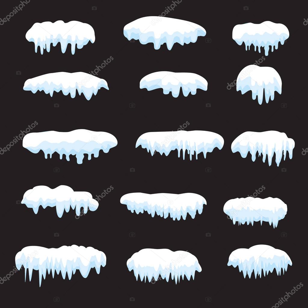 Snow caps, snowballs, snowdrifts, icy icicles set. Snow cap vector collection. Winter Snowy elements black background, transparent effect. Cartoon template. Snowfall and snowflakes in motion Vector