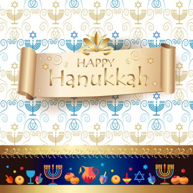 Hannukkah tebrik kartı, davet, hediye kartı. Yahudi bayramı Hanuka arka plan ile geleneksel Chanukah sembolleri - ahşap sevinçler (iplik üst), çörek, Yedi Kollu Şamdan, mumlar, Davut yıldızı, yağı kavanoz ve parlayan ışıklar, vektör duvar kağıdı Festivali
