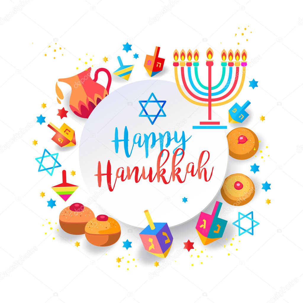 Hannukkah greeting card, invitation, gift card. Jewish holiday Hanukkah background with traditional Chanukah symbols - wooden dreidels (spinning top), donuts, menorah, candles, star of David, oil jar, and glowing lights, vector wallpaper festival