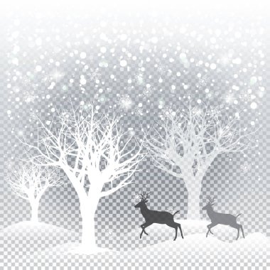 Kış karlı manzara, fantezi orman, ağaç, Noel raindeers. Gerçekçi düşen kar taneleri Saydamlık efektini tatil arka plan. Noel kar yağışı, kar cap, kar dağ. Vahşi orman vektör çizim. Kış Mevsimlik arka plan duvar kağıdı