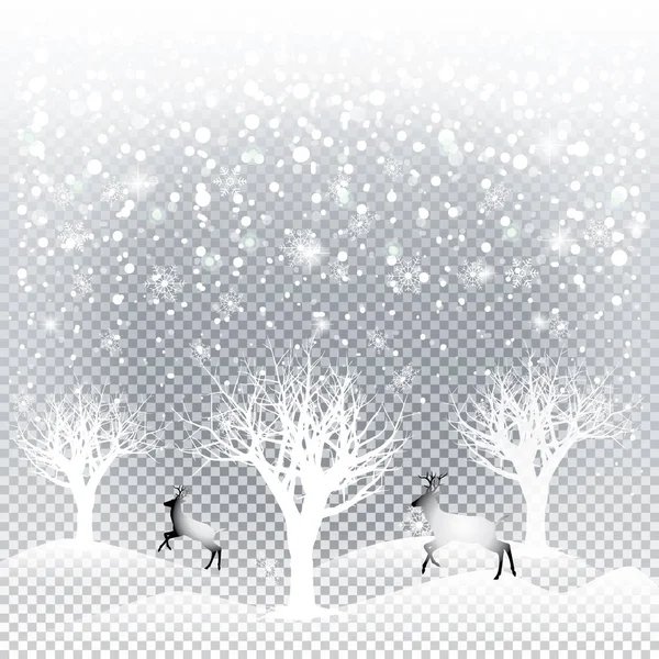 Winter van de besneeuwde landschap, fantasie bos, bomen, Kerstmis raindeers. Realistisch vallende sneeuwvlokken transparant effect vakantie achtergrond. Kerst sneeuwval, sneeuw GLB, snow mountain. Wild bos vectorillustratie. Winter seizoensgebonden achtergrondbehang — Stockvector