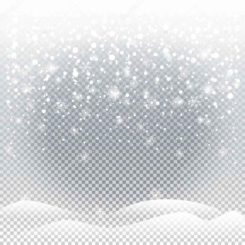 Realistic falling snowflakes. White snow for holiday's background. Christmas Snowfall and snowflakes, snow cap, snow mountain. Winter snowy landscape Vector illustration. Snowfall, snowflakes, flake isolated