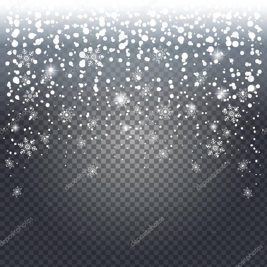 Realistic falling snowflakes. White snow overlay Isolated with transparent effect holiday background. Christmas Snowfall and snowflakes, snow cap, snow mountain. Winter snowy landscape Vector illustration. Snowfall, snowflakes, flake isolated 