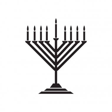 Yedi Kollu Şamdan Yahudi bayramı Hanuka logosu ile geleneksel Chanukah menorah sembol siluet Pyres mumlar, üzerinde beyaz izole, ışıklar alevi, yer metin, şablon duvar kağıdı, mumluklar desen vektör çizim için. Etiket logo tasarım işareti kavramı