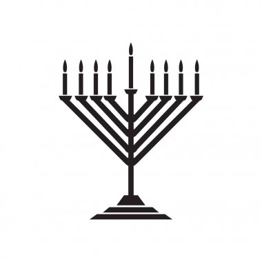 Menorah Jewish holiday Hanukkah logo with traditional Chanukah symbol menorah silhouette candelabrum candles, isolated on white, flame lights, place for text, template wallpaper, Hanukah pattern vector illustration. Sticker logo concept design sign clipart
