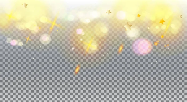 Fondo bokeh abstracto de oro transparente, vector de luces de desenfoque brillante. Oro destellos desenfocados, borrosa, plantilla, brillante decoración mágica. Fondos de pantalla Fiesta de cumpleaños, Navidad Evento de vacaciones, celebración, aniversario, tarjetas de felicitación, signo, adverti — Archivo Imágenes Vectoriales