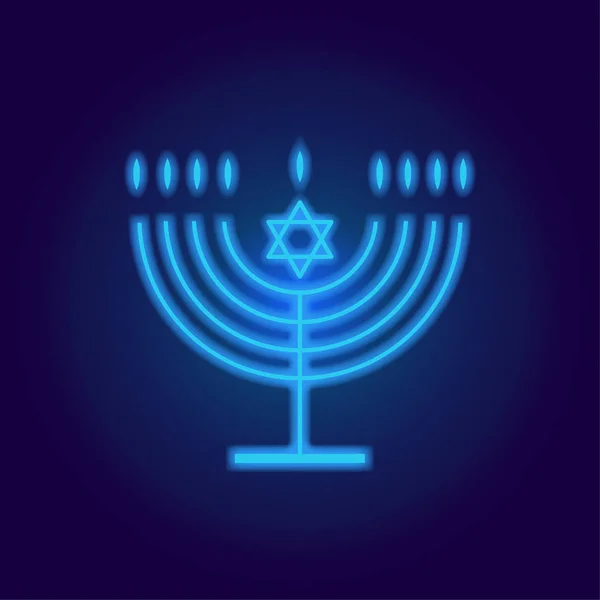 Logo Hanukkah Neon Jewish holiday Hanukkah retro background with traditional Chanukah symbol menorah - candelabrum candles, star of David icon and glowing lights, place for text, template wallpaper, Hanukah pattern vector illustration. Sticker print — Stock Vector
