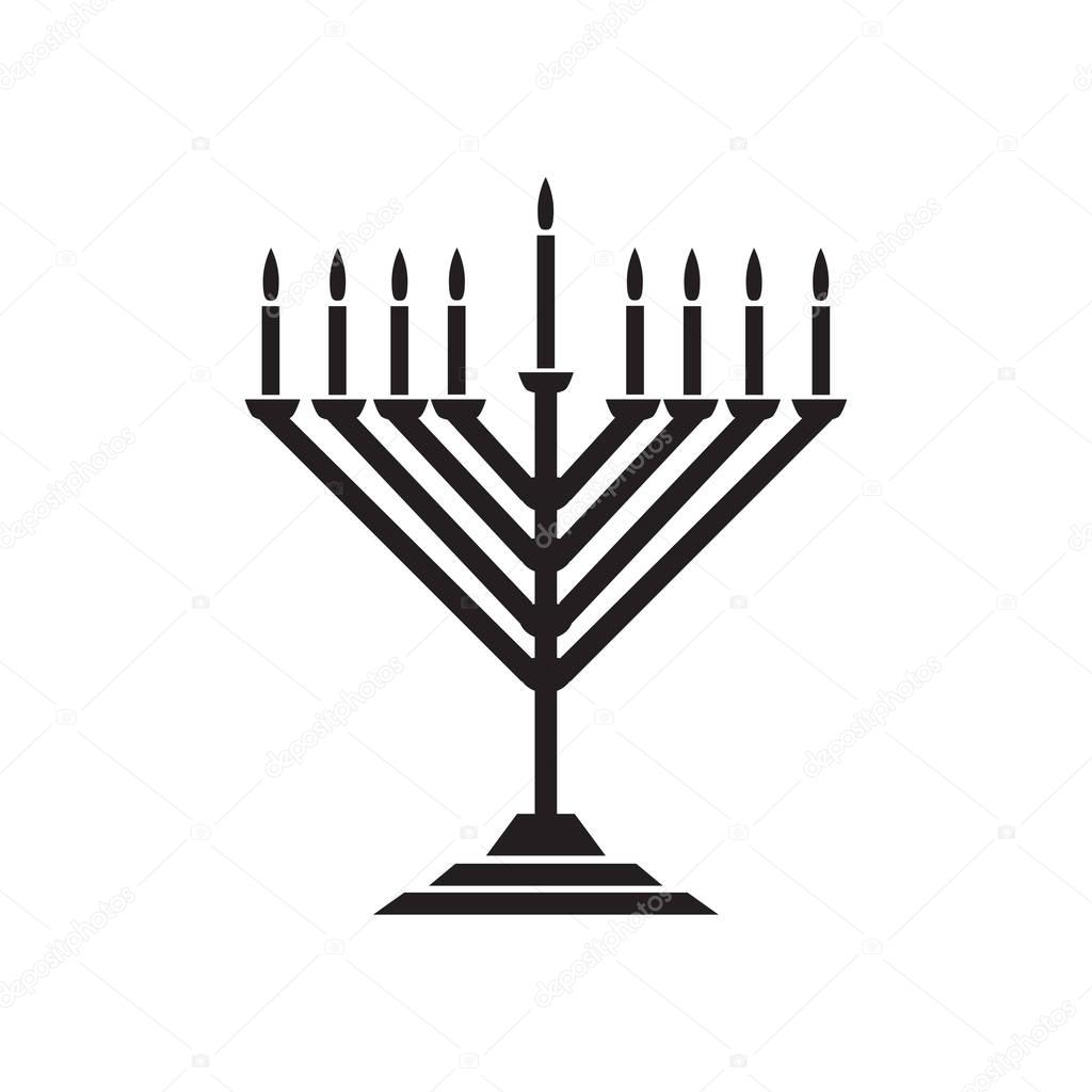 Menorah Jewish holiday Hanukkah logo with traditional Chanukah symbol menorah silhouette candelabrum candles, isolated on white, flame lights, place for text, template wallpaper, Hanukah pattern vector illustration. Sticker logo concept design sign