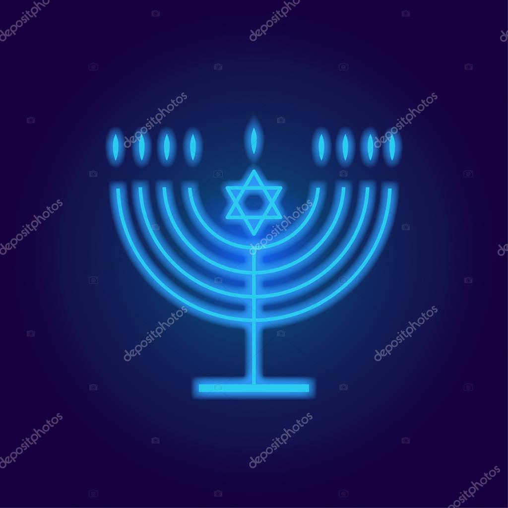Neon Jewish holiday Hanukkah background with traditional Chanukah symbol menorah - candelabrum candles, star of David icon and glowing lights, place for text, template wallpaper, Hanukah pattern vector illustration.