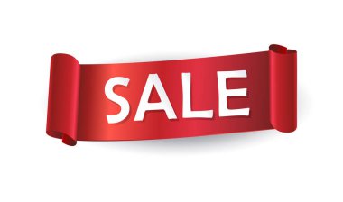 Satışı büyük başlığı. Kırmızı kurdele. Vektör illüstrasyon Satılık, şerit, Satılık etiketi, satışı büyük başlığı, yeni şerit, renkli satış, satış, hediye şerit afiş satışı işareti için kırmızı kurdele. Noel satış şerit dekorasyon.