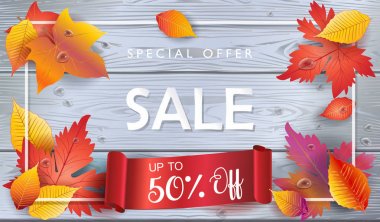 Şükran Günü Satılık. Sonbahar vektör çizim satış sezon sonbahar. Şükran tatil dekorasyon. Akçaağaç ağaç yaprakları, yazı, su damlaları ahşap doku. Sonbahar Satılık ahşap arka plan. Afiş satış indirim. Mutlu Şükran Günü tebrik sonbahar yaprakları
