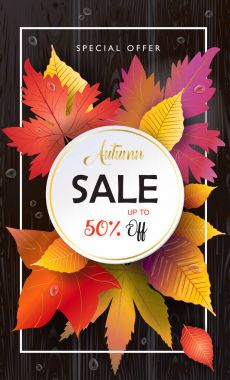 Satılık. Sonbahar vektör çizim. Sonbahar satış sezonu. Şükran tatil dekorasyon. Akçaağaç ağaç yaprakları, yazı, su damlaları ahşap doku. Sonbahar Satılık ahşap arka plan. Afiş satış indirim. Mutlu Şükran Günü tebrik sonbahar yaprakları