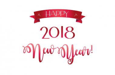 2018 logo kırmızı kurdele işareti, mutlu yeni yıl, yılbaşı tebrik kartı hat, kırmızı kurdele afiş, beyaz arka plan üzerinde izole yazı. Noel dekorasyon vektör şablonu. Mutlu yeni yıl işareti, el ilanı, afiş, kapak broşürü, başlık, simge, simge