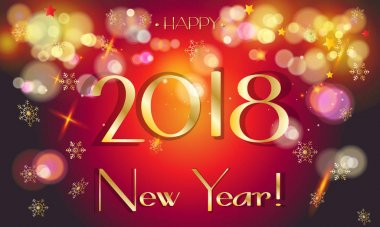 Tebrik kartı ile 2018 logo kavramı, altın ufuk ışık etkisi, bokeh ışıklar duvar kağıdı, glitter konfeti, Noel dekorasyon vektör şablonu ile Happy New Year ve Noel tatil lüks tebrik kartı.