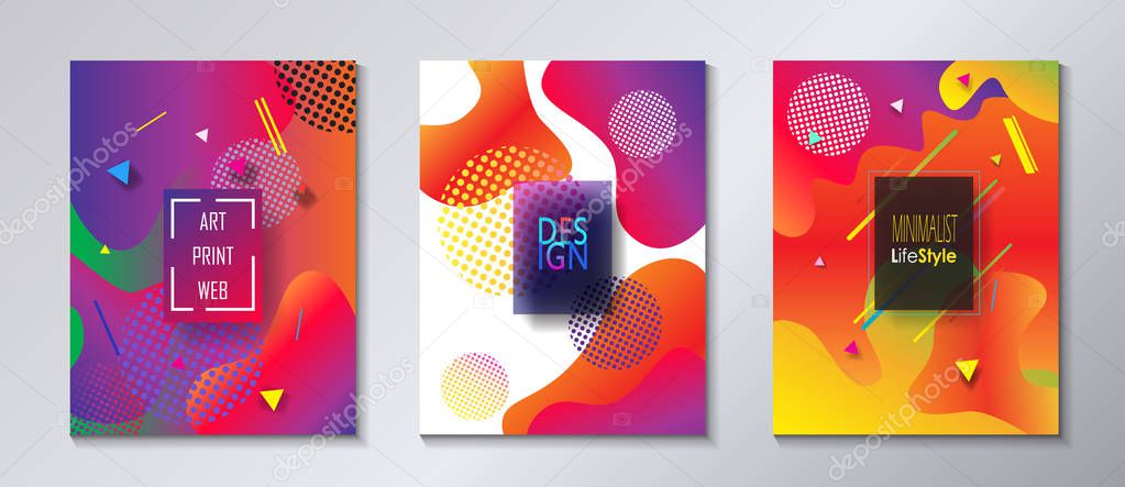 Abstract modern covers template set Bauhaus, memphis and hipster style graphic fluid color bubbles geometric elements. Typography placards, Annual report news brochures, poster, cover, banner. Dynamic shapes concept design vector layout Presentation
