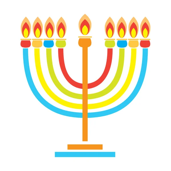 Happy Hanukkah Holiday greeting poster with menorah. Menorah hanukkah icon. Jewish Holiday symbol menorah - light candelabra with candles silhouette isolated white background. Flat web sign, Israel Holiday symbol, vector sticker concept logo, label — Stock Vector