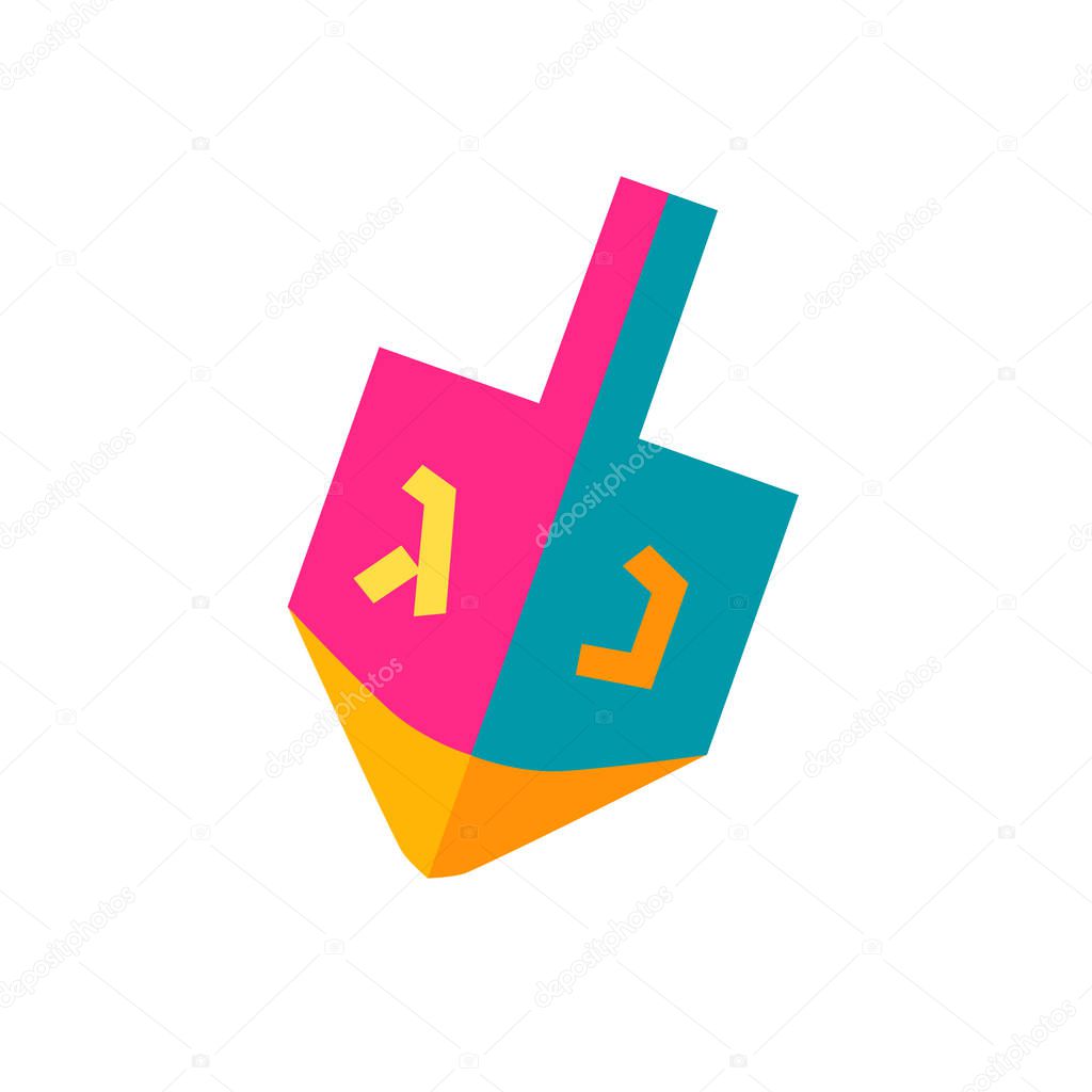Happy Hanukkah Festival of Lights symbol wooden toy, dreidel spinning top isolated on white background, vector symbol Chanukah Jewish Holiday flat logo design.