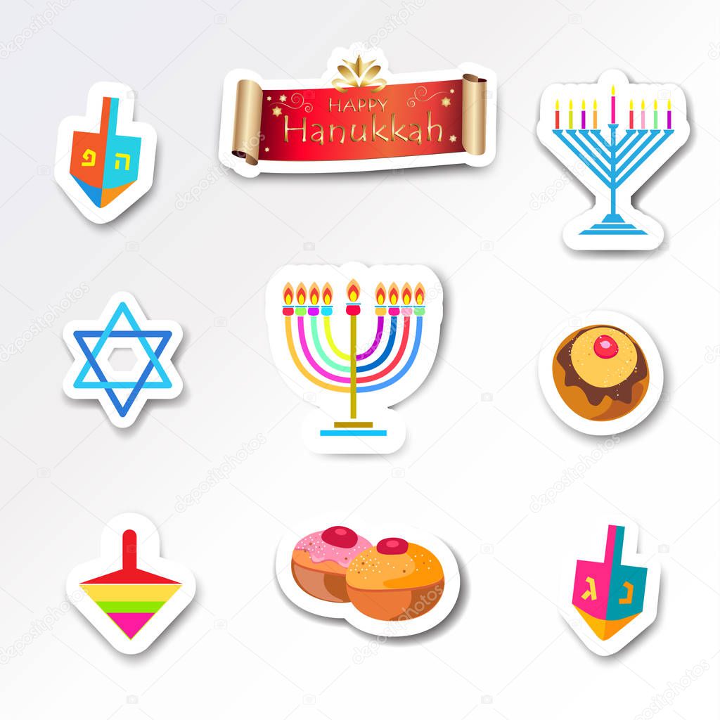 Happy Hanukkah Holiday stickers set - traditional symbols - menorah, donuts, dreidel spinning top, candles fire flame, candelabrum, scroll banner, paper cut style, Festival of lights Israel Jewish Holiday illustration, icon, label. stock illustratio