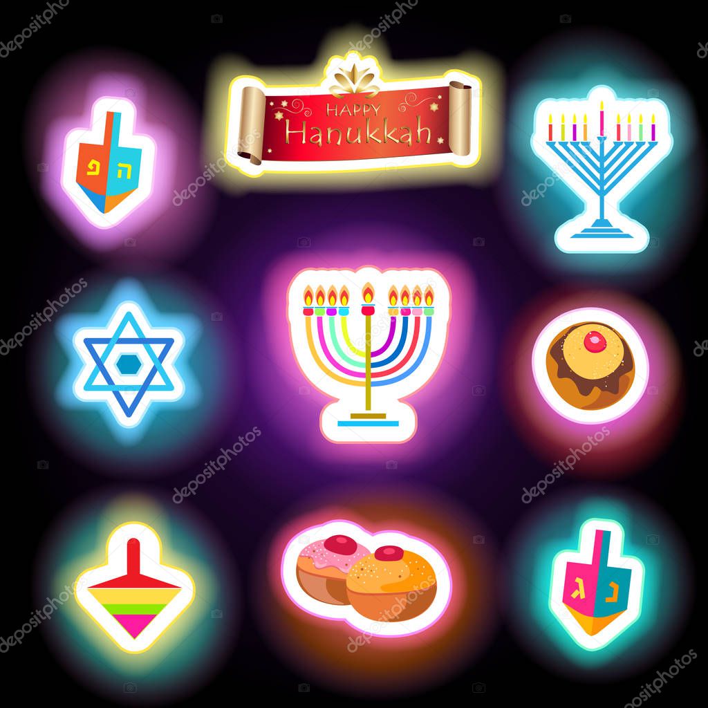 Hanukkah Holiday traditional symbols menorah, donuts - traditional cookies, dreidel spinning top, candles fire flame, candelabrum, glowing abstract background, neon lights effect, Festival of lights Israel Jewish Holiday vector stickers illustration