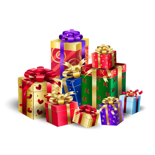 크리스마스 및 새 해 겨울 휴가 위한 선물 상자, 축 하, 흰색 배경, 선물, 축제 선물 상자, 그룹, 벡터 장식 그림에 고립 된 새틴 리본으로 아름 다운 선물 상자. 박싱 데가 세일 벽지 — 스톡 벡터