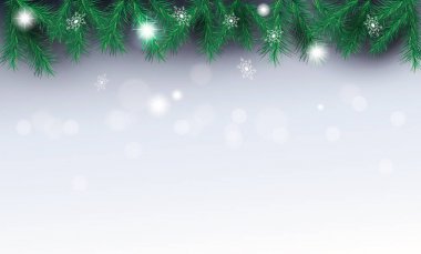 Çam çırpı düşen, kar taneleri vektör çizim, Noel gümüş bokeh ışıklar zemin üzerine kenarlığını Xmas ve köknar ağacı dalları, boş sayfa şablonu için tebrik kartı, Noel dekorasyonu, mutlu yeni yıl kış tatil çerçeve kar toprakları